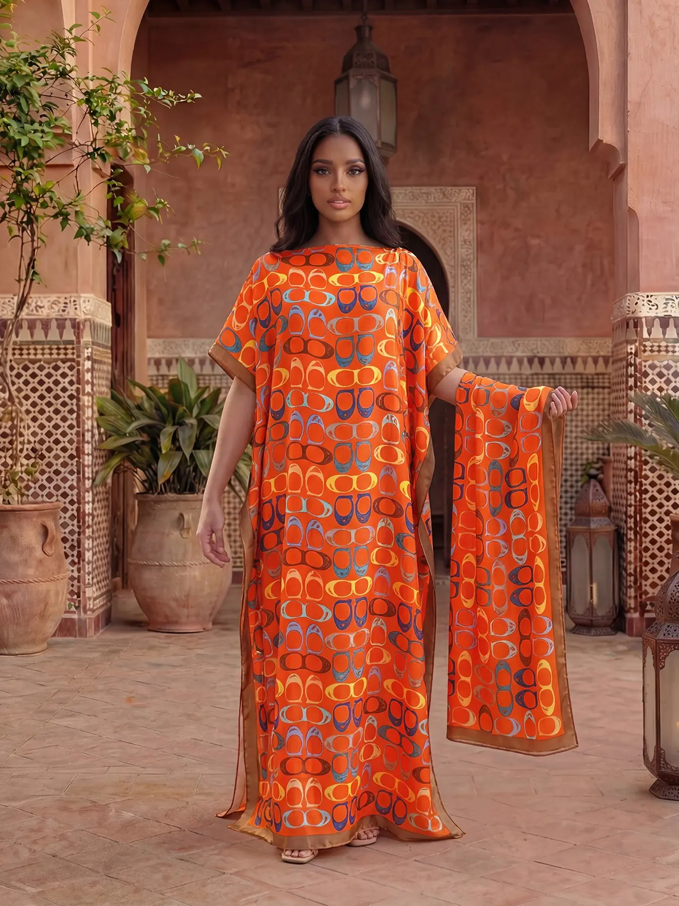Elegant Long Robe Set with Multicolor Geometric Print Shawl, Moomoo Dress + Headscarf Scarf, Women's Beach Sun Protection Satin Silk Elegance