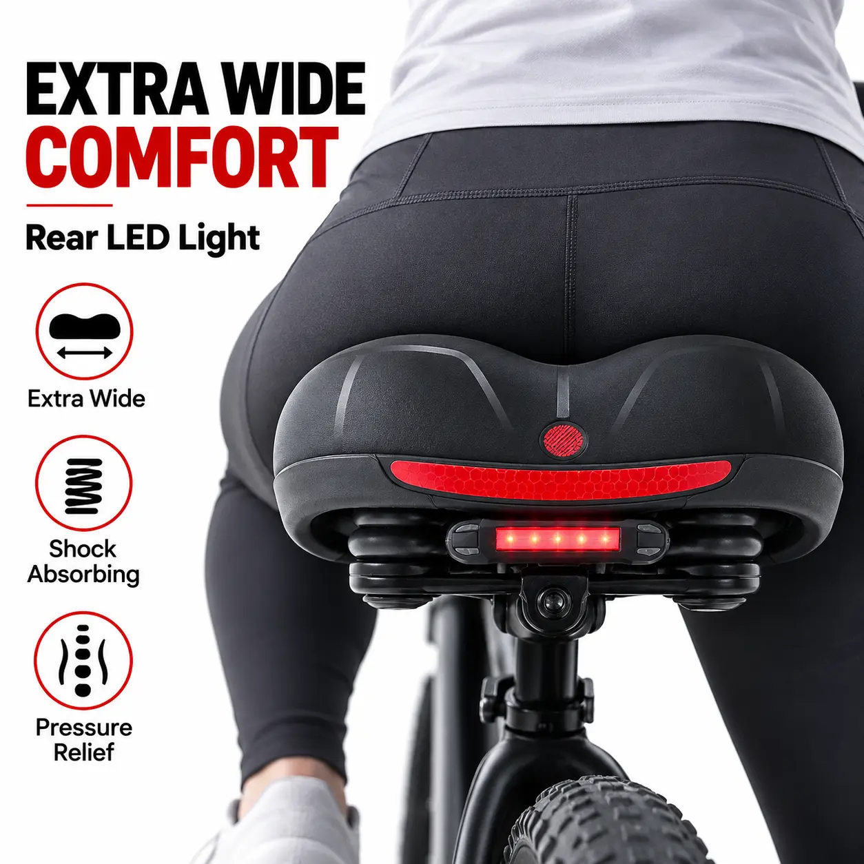 Extra Large Bike Seat with Rear LED Light, Wide Comfortable Bicycle Saddle with Shock Absorbing Design and Center Airflow Cutout for Men Women, E Bike, Cruiser and City Bikes