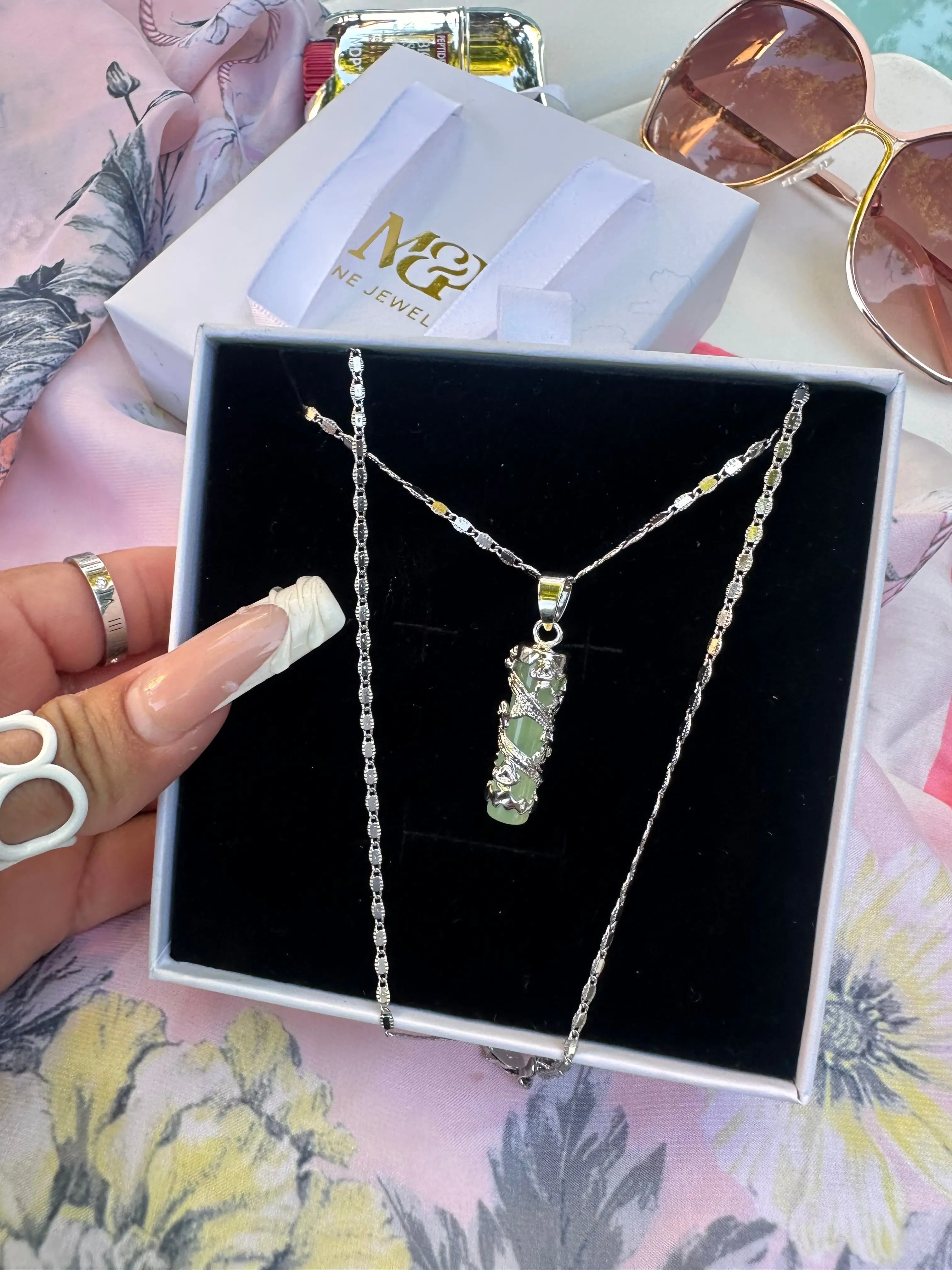 Silver Green Dragon Necklace