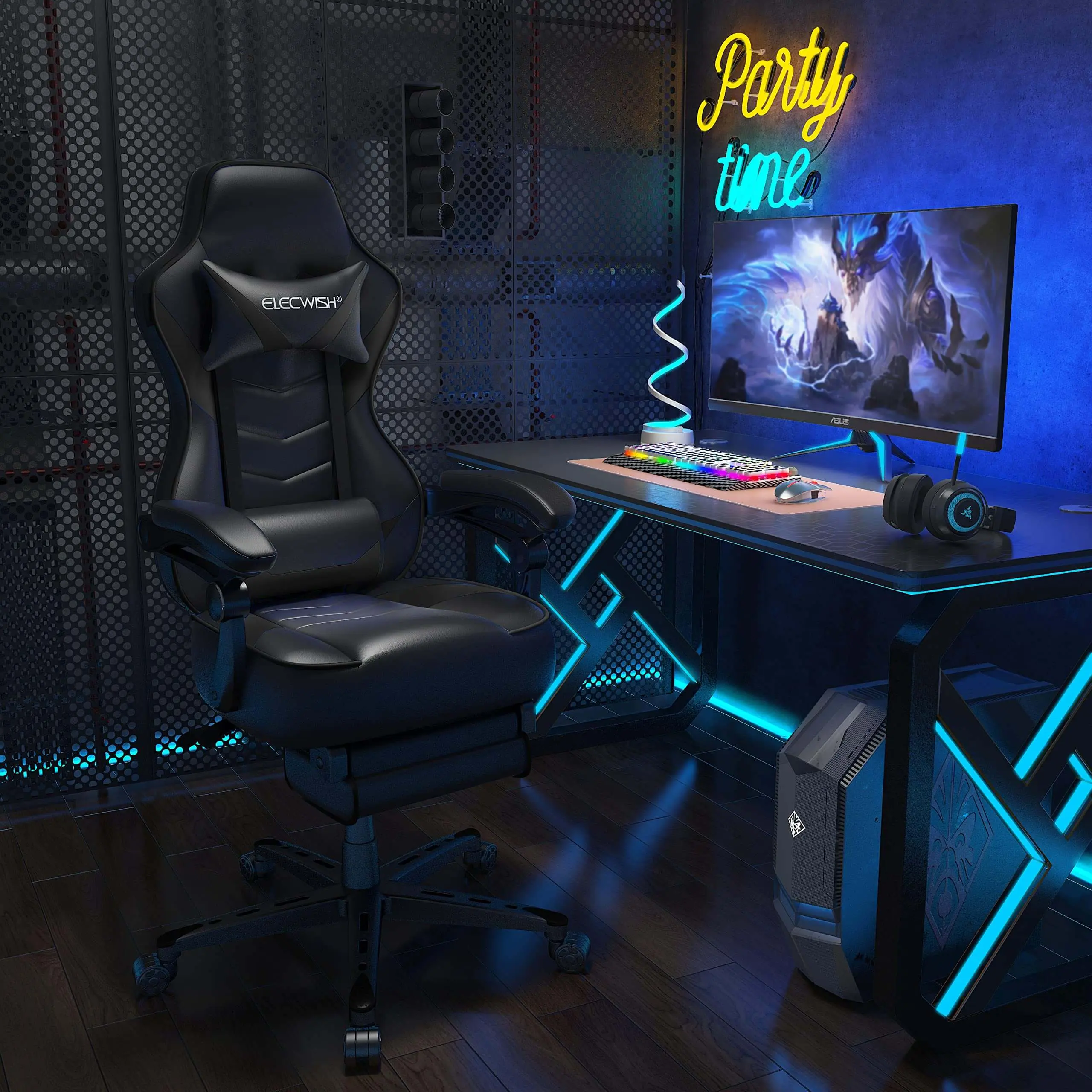 ELECWISH Computer Gaming Chair with Footrest, Ergonomic Gamer Chair for Adults, High Back Adjustable Swivel Desk Chair with Lumbar Support, PU Leather Racing Style Chair