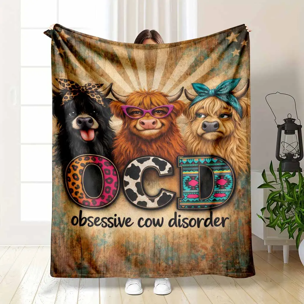 Highland Cow Flannel Throw Blanket - 30*40 in, Funny Obsessive Cow Disorder Western Farmhouse Print, Soft Warm Breathable Durable Wrinkle & Fade Resistant Lightweight, for Sofa, Office Gift Decor (summerwins)