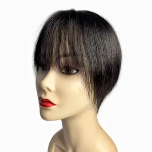 100% Human Hair Clip in Hair Toppers For Women 3D Air Bangs Fringe Straight Hair Toupees Black 10x11cm Middle Part PU Scalp Wiglets Hairpieces for Mild Hair Loss