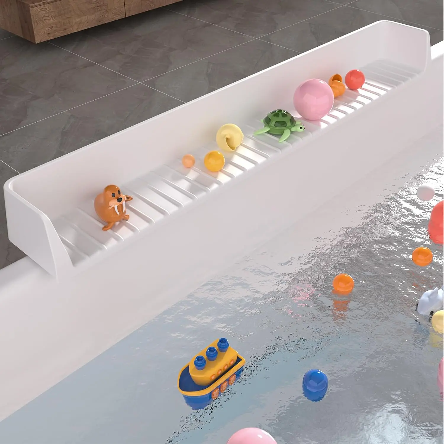 2.6FT Light Grey Silicone Kids' Bath Splash Guard - 11 Nail-Free Adhesive Suction Cups, Leak-Proof Water Spill Prevention, Foldable Space-Saving Bath Play Shelf, Toys Holder, Easy-to-Clean Bathtub Tray, Home Bathroom Gadget