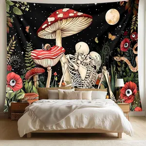 1pcSkeleton Mushroom Tapestry Wall Hanging Trippy Forest Psychedelic Art Gothic Decor Nature Moon Starry Night Skeleton Aesthetic Hippie Home Boho Halloween Living Room Dorm Bedroom Wall Decor Accessories