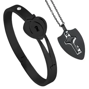 AS022 Couple Bracelet Necklace Set Key Necklace Lock Bracelet Holiday Birthday Gift Valantine Day Golden Silver Black Color