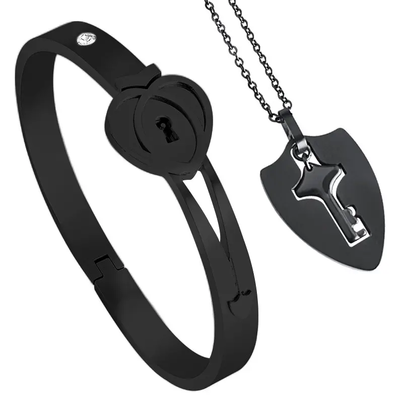 AS022 Couple Bracelet Necklace Set Key Necklace Lock Bracelet Holiday Birthday Gift Valantine Day Golden Silver Black Color
