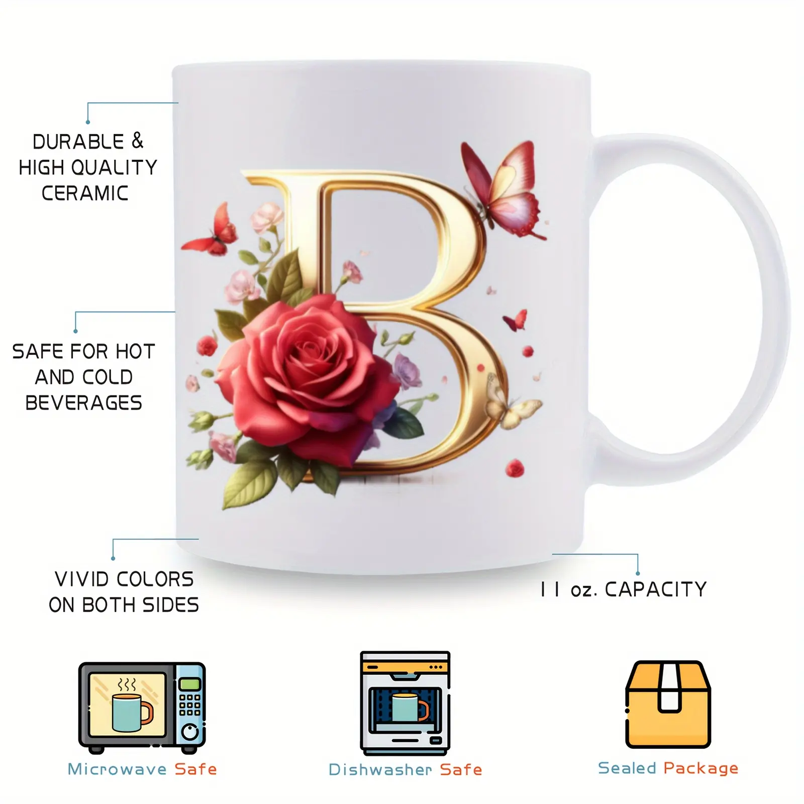 11oz Washable Ceramic Coffee Mug (1pc) - Elegant Kitchen Drinkware with Golden Letter S, Red Roses, Green Leaves Floral Motif, Butterflies Accent, Wide Mouth, Portable for Home, Office, Ideal Birthday Gift