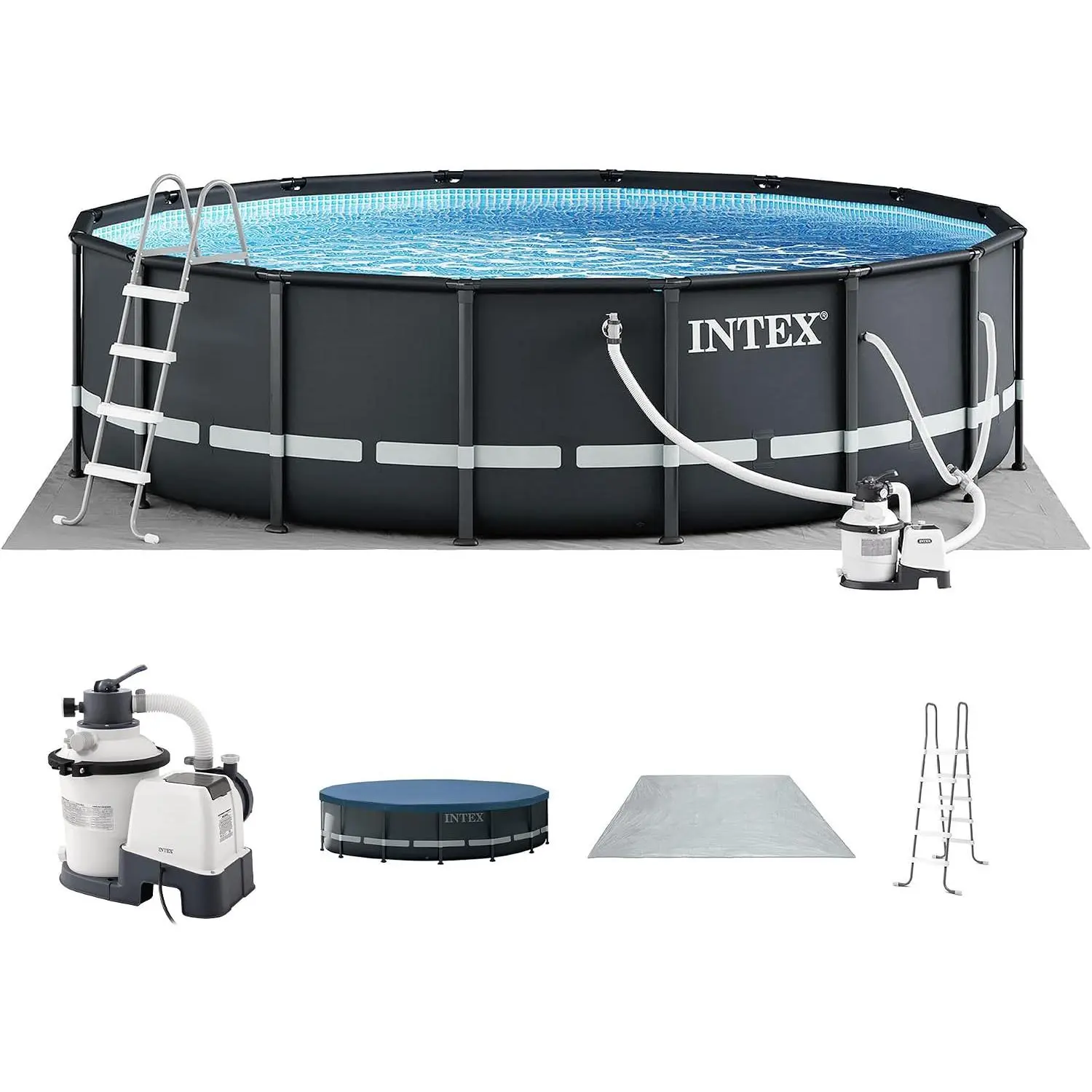 INTEX Ultra XTR 14ft x 42in Round Above Ground Swimming Pool Set w/Pump | 26309ST - 925 GPH Sand Filter Pump, Ladder, Pool Cover & Ground Cloth Included - Strong Galvanized Steel Frame