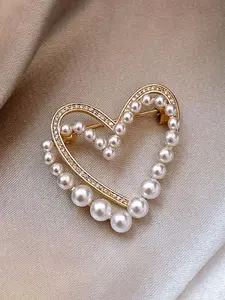 Fashion Simulated Pearl Rhinestone Heart Brooch Pin, Simple Casual Women's Daily Party Versatile Shirt Clip Lapel Flower, Fashion Accessory