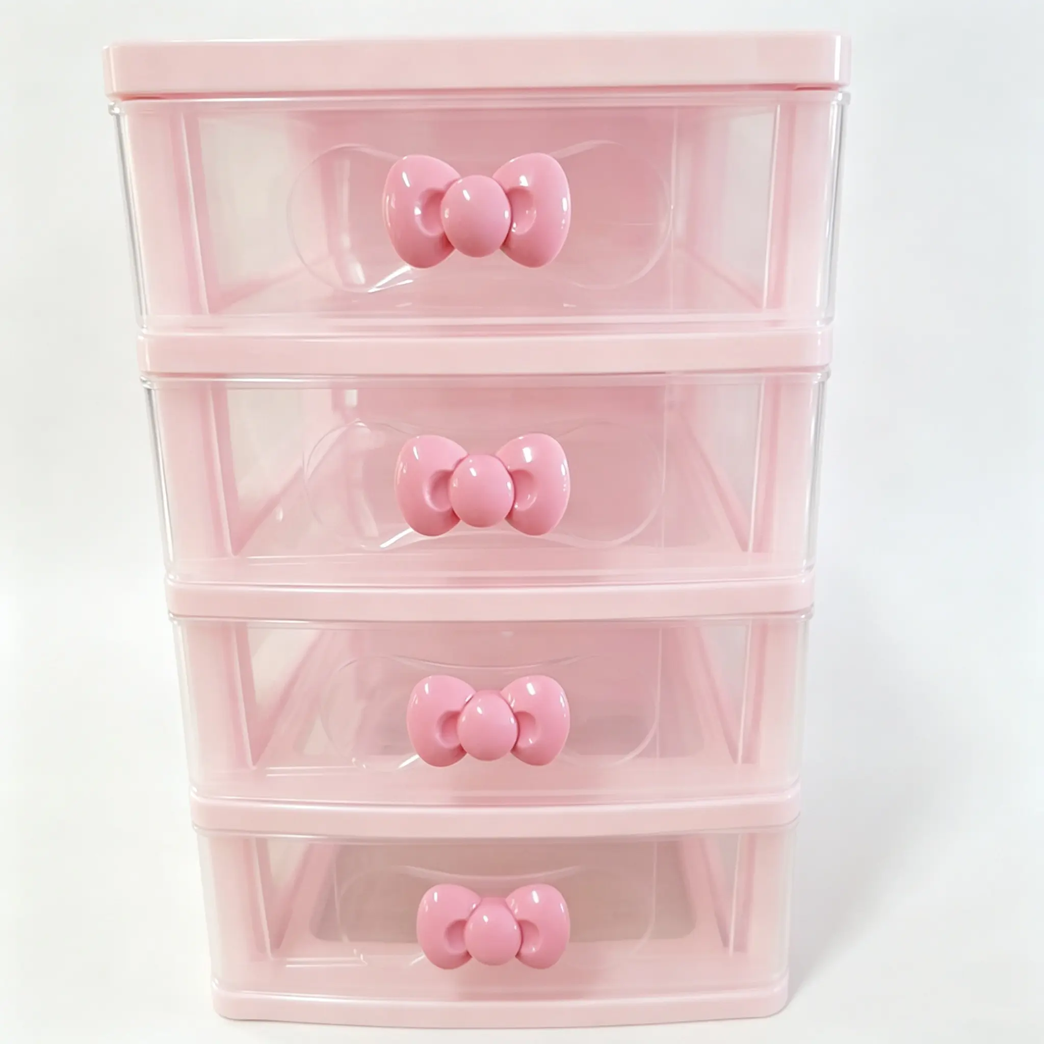 4-Layer Durable Transparent Plastic Organizer Box with Pink Bow Handle - Pull-Out Drawers, Vanity Organization, Desktop Storage, Beauty Storage Solutions for Bathroom Use, Dresser Organization