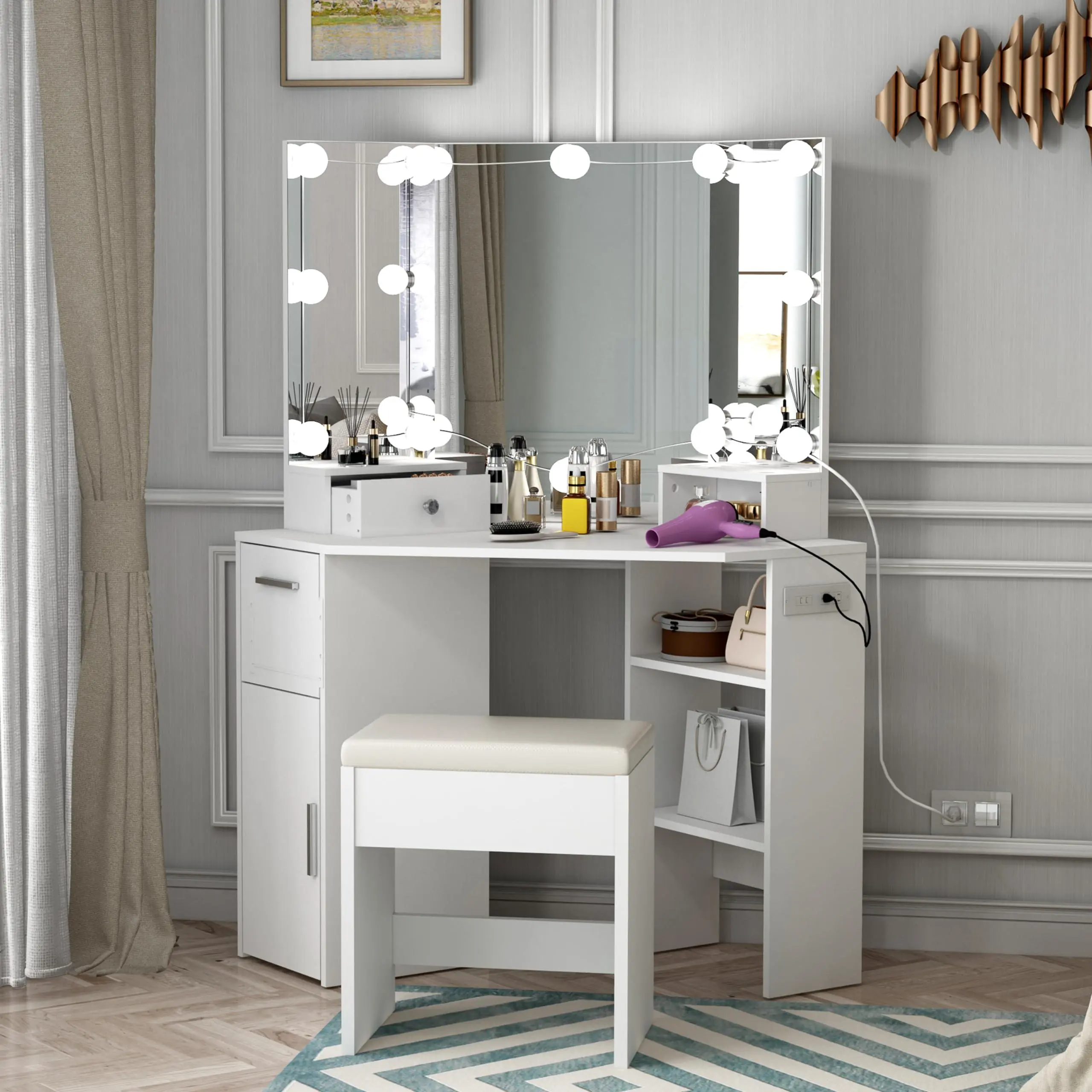 GARVEE Modern Home Decor Corner Vanity Desk with Lighting - 3-Panel Mirror, 3-Color Dimmable LEDs, 2 Drawers, Cabinet, Open Shelves, Charging Station, Included Stool - Warm White with Silver Handle Bedroom Makeup Table