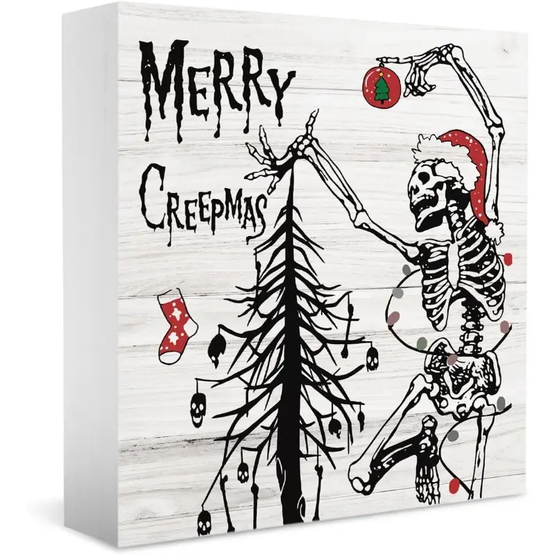 Spooky Christmas Decor for Home Creepmas Creepy Christmas Decorations Indoor Skull Skeleton Decor for Home Room Table Bedroom Bathroom Office 5x5 inch