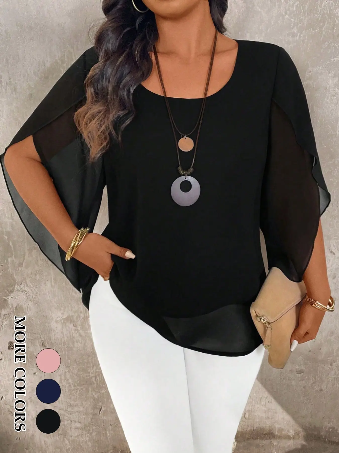 Women's Plus Size Elegant All Season Blouse Shirts Sheer Overlay Split Cape Sleeve Double Layer Flowy Tunic Office Workwear Evening Party Formal Outfits Trendy Tops Elegance