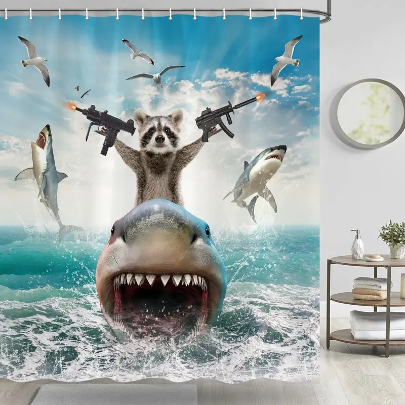Funny Animal Shower Curtain, Cool Raccoon Riding Shark Ocean Theme Shower Curtain for Bathroom, funny shower curtains for bathroom, Bathroom Decor, Fun Nautical Kids Children Fabric Bath Curtain with Hooks