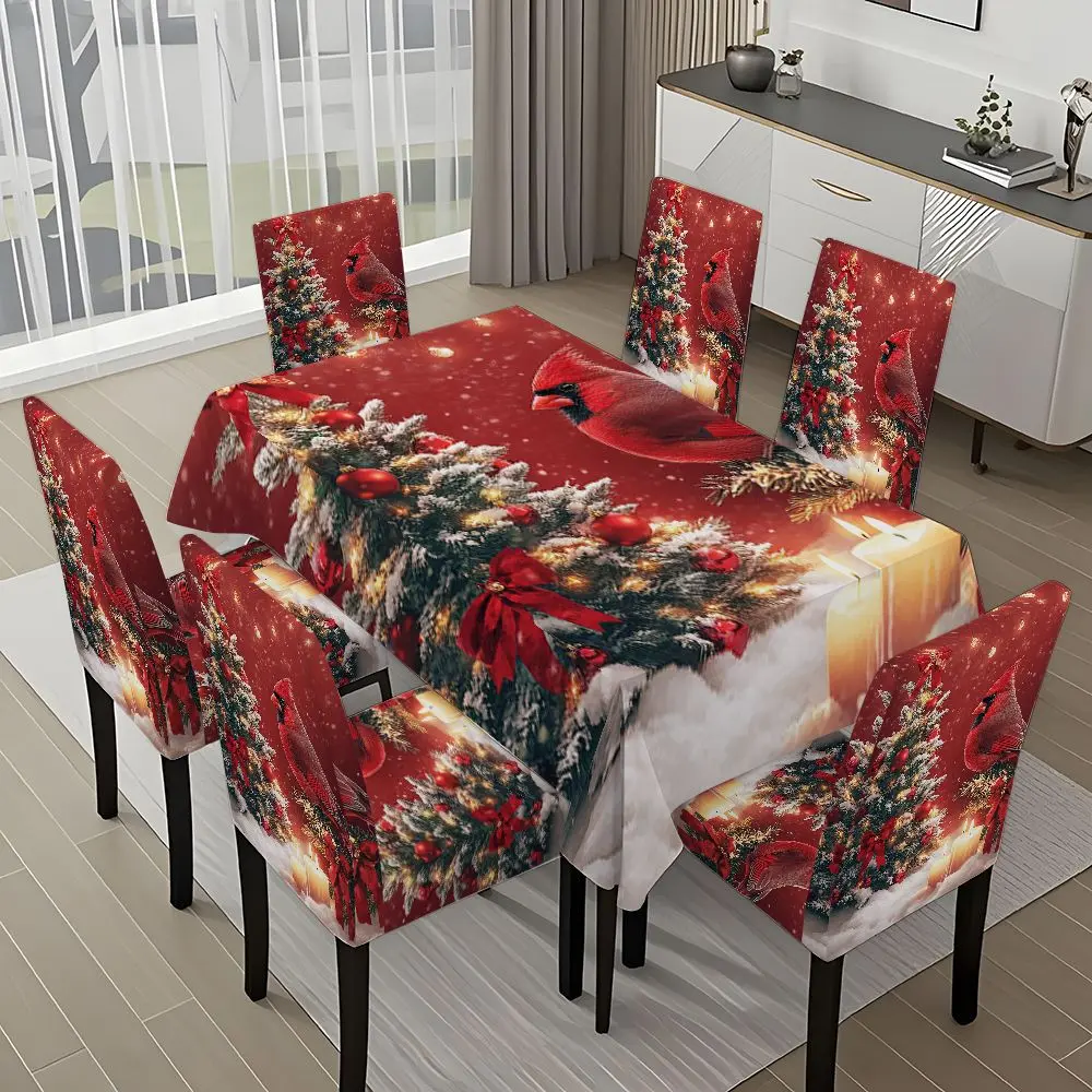5/7-piece 2D Flat Printing Merry Christmas Red Cardinal Candles Christmas Tree Printing Pattern Tablecloth and Chair Cover Set, for dining table and chair decoration, perfect for home, holiday gatherings, restaurants, and parties.
