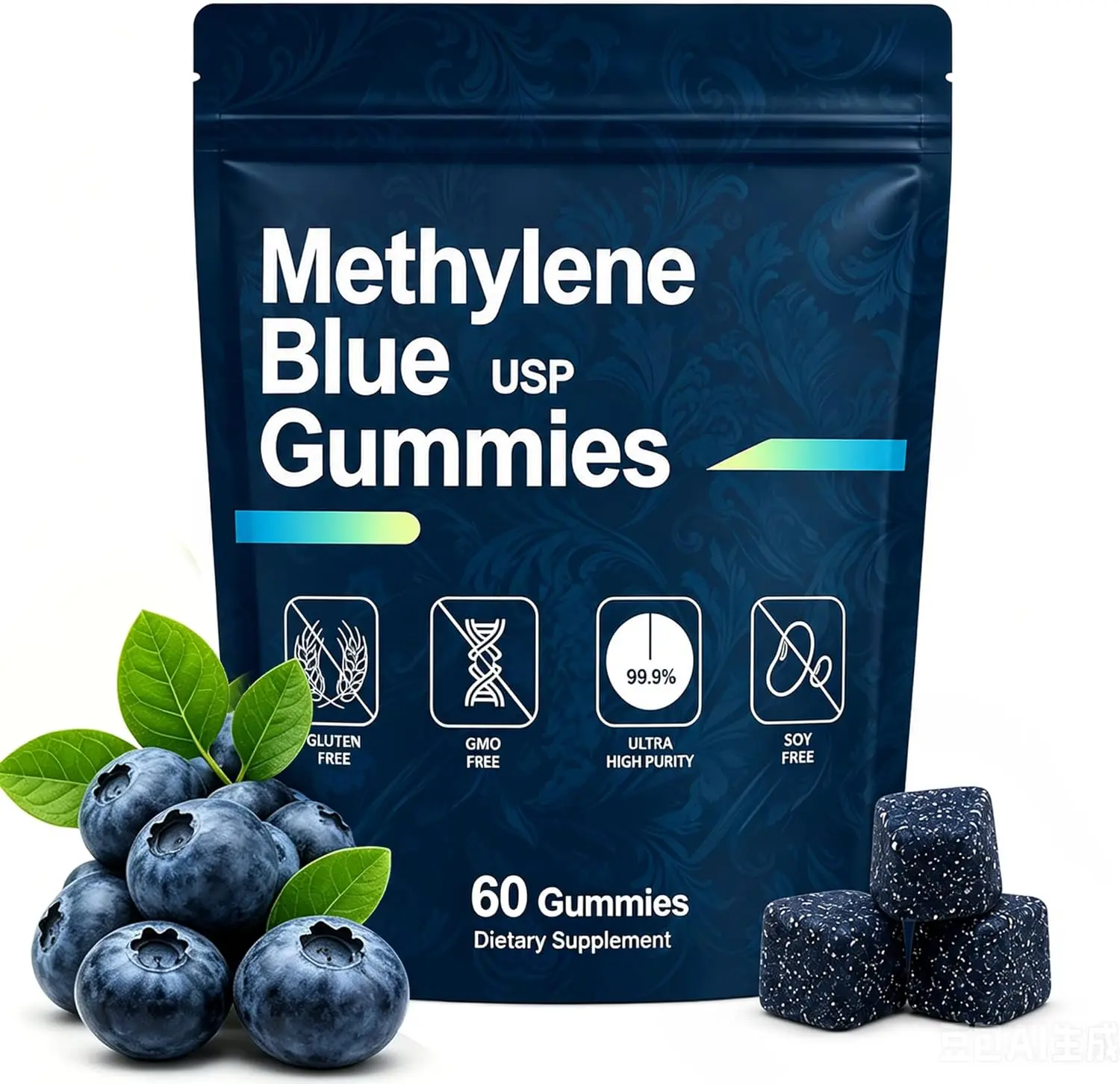 HITOMI Methylene Blue Gummies for Cognitive Support, Mental Focus & Cellular Energy, Antioxidant Support, USP 99.9% Pure Methylene Blue Supplement, GMP Certified, Vegan, Non-GMO, 60 Gummies