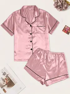 Women's Elegant Plain Sleepwear Loungewear Pajama Set, Casual 2-Piece Button Drawstring Short Sleeve Shorts Cardigan, Fitted Home Clothing