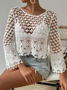 Women's Ethnic Pattern Sheer Hollow Out Crochet Cover Up Top, Boho Long Sleeve Round Neck Cover Up for Beach Holiday Vacation, Ladies Spring & Fall Clothes