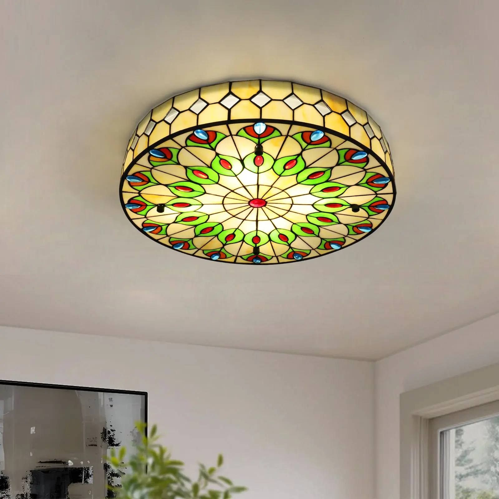 CNCEST 19.68-Inch Tiffany Style Stained Glass Flush Mount Ceiling Light, 4 E26 Sockets, Green Blue Red Art Glass Fixture for Kitchen, Living Room
