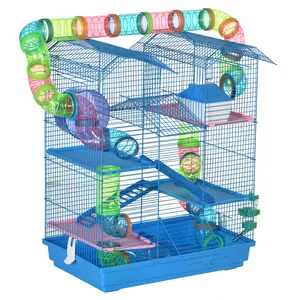 PawHut 18.5" 5 Tier Hamster Cage with Tubes and Tunnels, Small Animal Cage, Rat Gerbil Cage with Water Bottle, Food Dish, Exercise Wheel, Blue