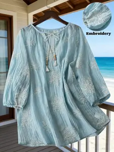 Light Blue Cotton Blouse with Natural Texture, Classic Embroidered Floral Leaves, Loose Fit Bubble Sleeves, Casual Comfort for Spring Summer