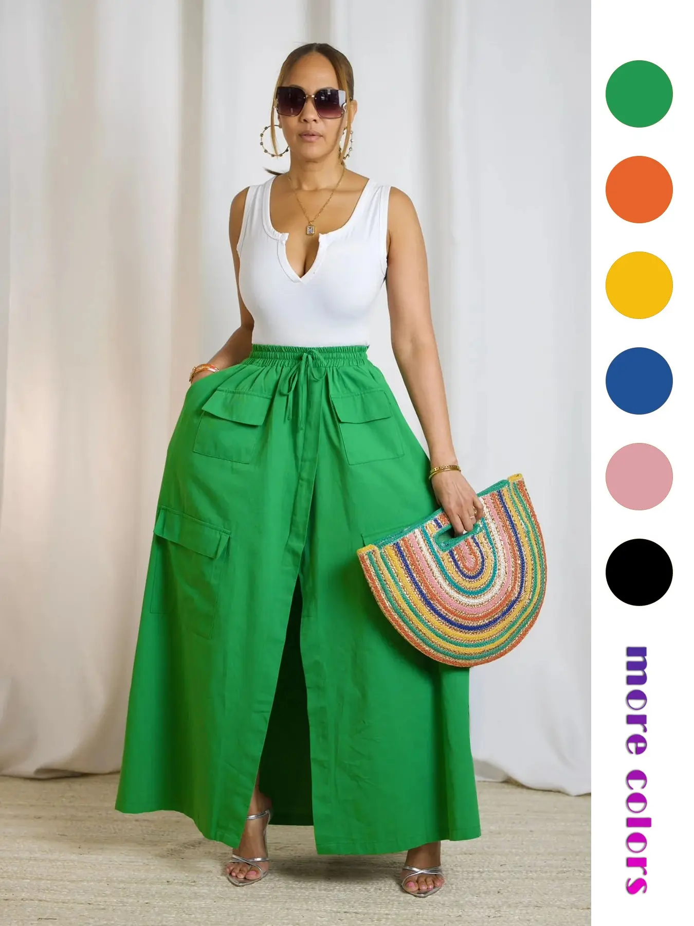 Women's Plain Woven Adjustable Drawstring High-Waist Skirt, Casual Boho Pocket Wrap Skirt for Summer, Ladies Bottoms for Beach Holiday