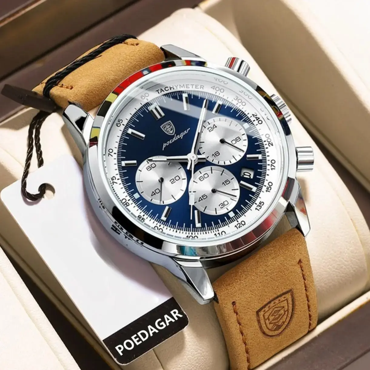 POEDAGAR Luxury Quartz Men's Wristwatch - Fashionable, Modern Waterproof, Multifunctional Military-Style Watch with Luminous Leather Band, Chronograph, Boxed Packaging, Fashionable Wristwatch, Modern Waterproof Watch, Multifunctional Watch