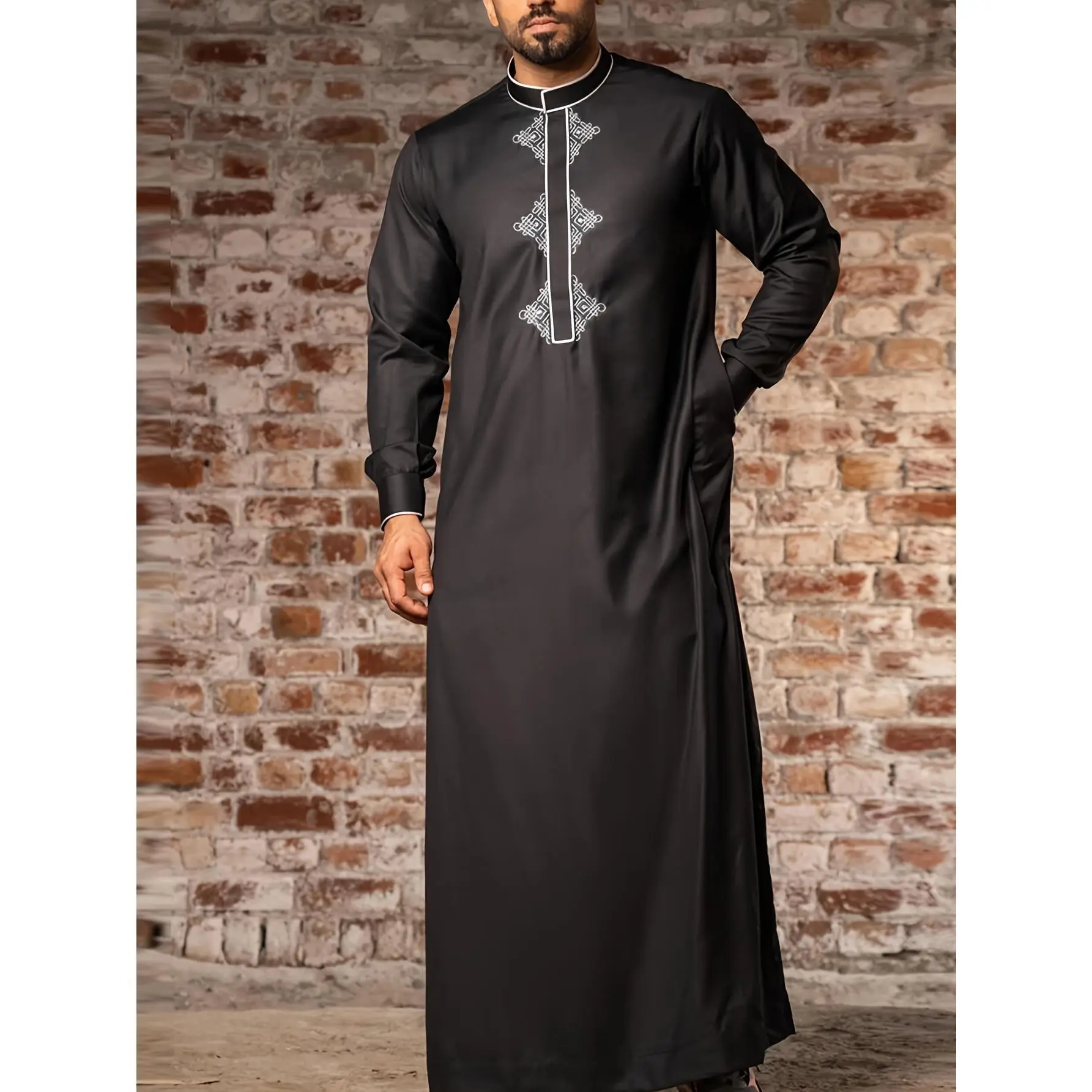 Men's Black Thobe, Traditional Arab Style with White Embroidery, Long Sleeve, Stand Collar, Pockets, Casual Clothing for Eid, Fashion Apparel, Striped, Polyester, Collared Neck, Full Length