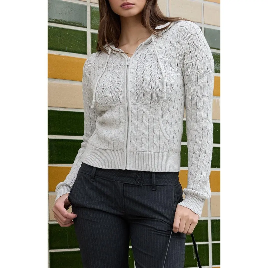 John Galt Women's Gray Cable Knit Hooded Sweater