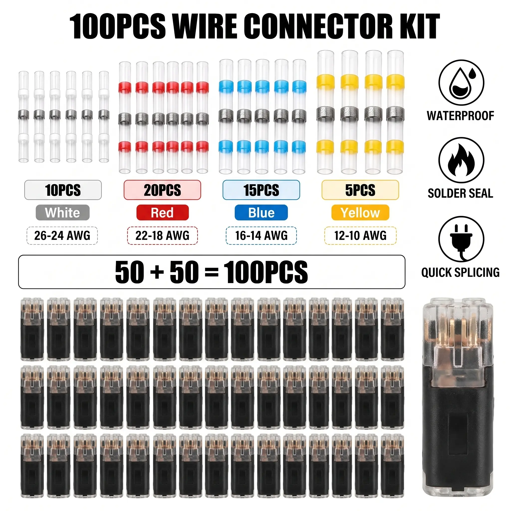 100PCS Solder Seal Wire Connectors Kit, Heat Shrink Butt Connectors with No Crimp Quick Splice, Waterproof Automotive Wire Connector Set for Car Audio Trailer Truck Repair, Car Accessories