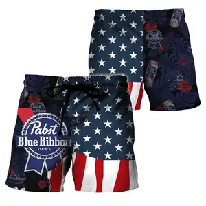 USA Tropical Flag Pabst Blue Ribbon Swim Trunks  Summer Wear Hawaiian Shorts Menswear Man