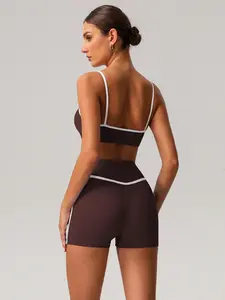 2-piece Women's Yoga Set, Quick-drying Sexy Color-block Sports Bra & High-waisted Hip-lifting Running Tight Shorts, Stylish Activewear, Fitness Suit