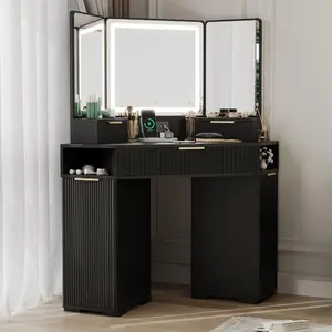 IDEALHOUSE Corner Vanity Desk with Lighted Mirror, Fluted Makeup Table with Drawers, Charging Station and Cabinets for Bedroom, Corner Makeup Vanity with Triple Mirrors, 3 Color Modes, Black