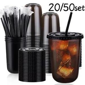 20/50 Pack 16oz Plastic Clear Cups with Lids and Straws, Disposable Cold Drink Cups for Iced Coffee, Milk Tea, Smoothies, Party Events, Party Supplies