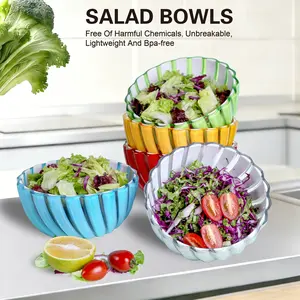 Plastic Serving Bowls, Plastic Salad Mixing Bowls, Break Resistant Plastic Bowls for Salad, Fruit, Popcorn, Chip and Dip, Multicolor