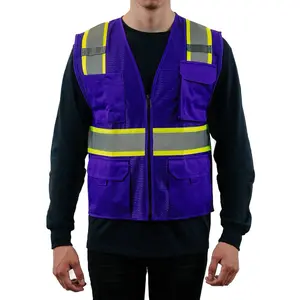 Purple safety mesh vest with high visibility reflectors on it and sizes S-2XL fits to size