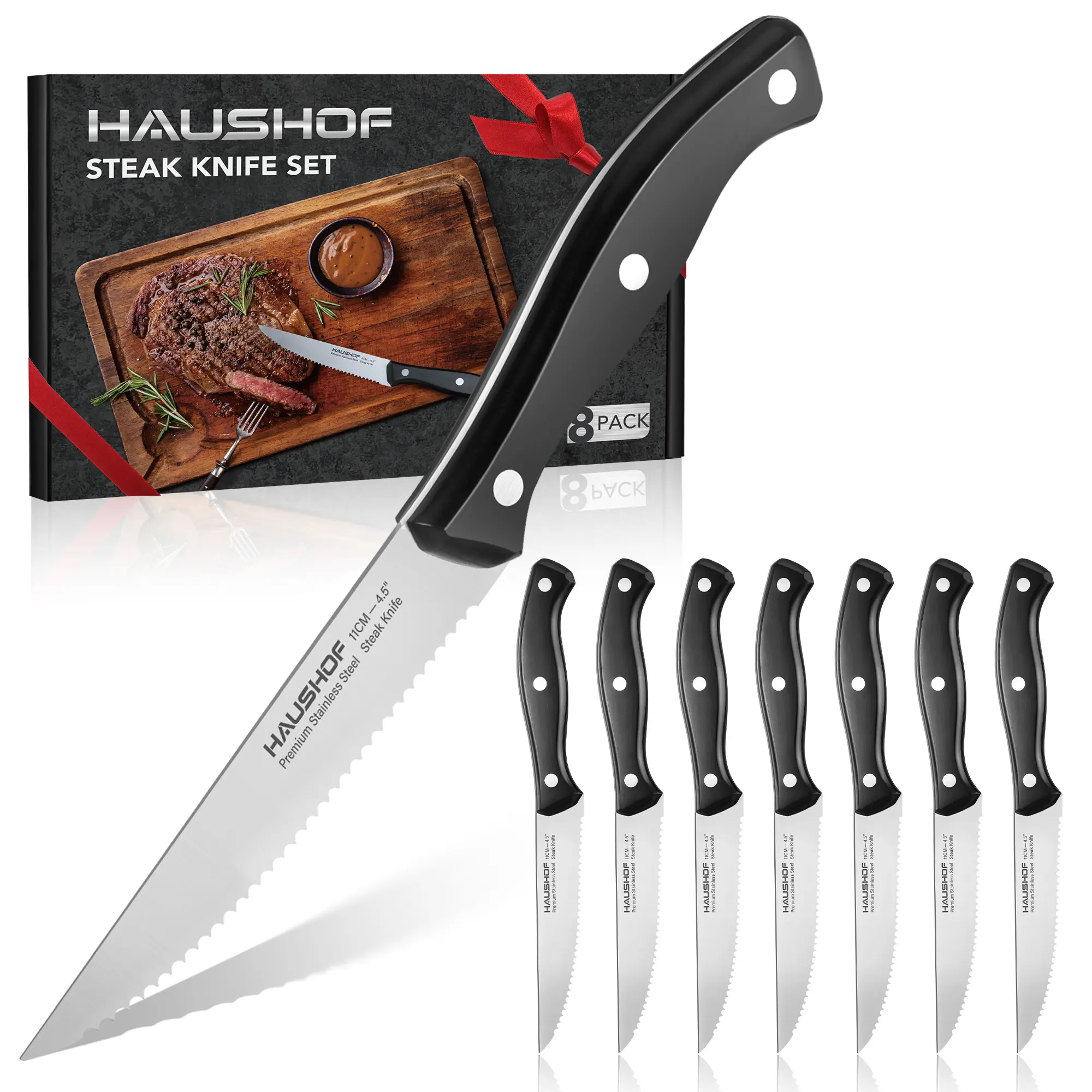 #summersale HAUSHOF Steak Knives Set of 8, Premium Stainless Steel Serrated Steak Knife Set with Gift Box, Full Tang and Ergonomic Handle, Gifts Knife Set for Mom, Dad, Wife and Husband