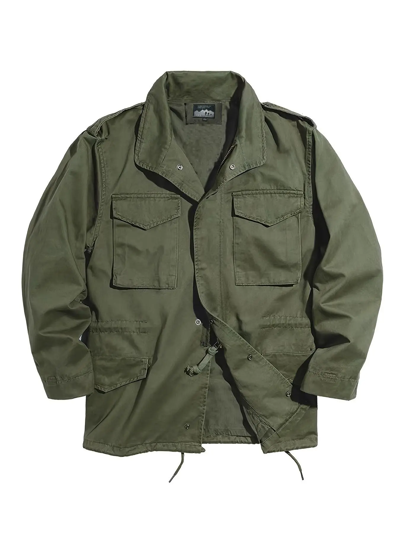Men's pure cotton vintage classic collared zip-up long sleeve jacket, M65 field work jacket, multi-pocket design, drawstrings at the waist and hem, suitable for daily casual outdoor activities in spring, autumn, and winter.