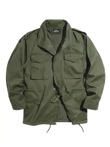 Men's pure cotton vintage collared zip-up jacket, M65 field work jacket, workwear jackets, multi-pocket design, drawstrings at the waist and hem, suitable for daily casual outdoor activities in spring, autumn, and winter.