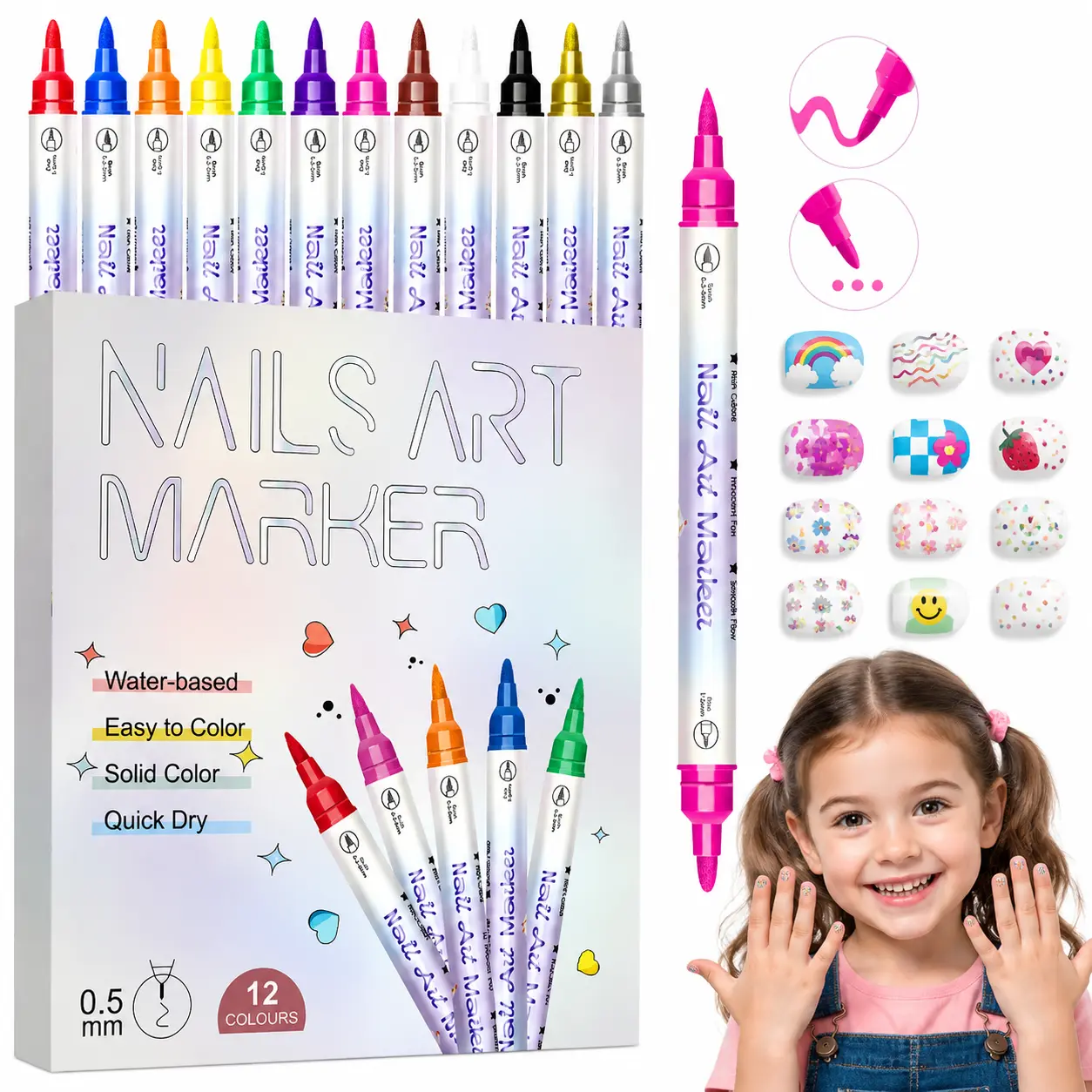 Dual Tip Nail Art Pens Set, 12 Colors Nail Design Markers with 0.5MM Fine Tip & Dotting Tool, Non-Toxic Quick Dry Nail Polish Pens for DIY Manicure
