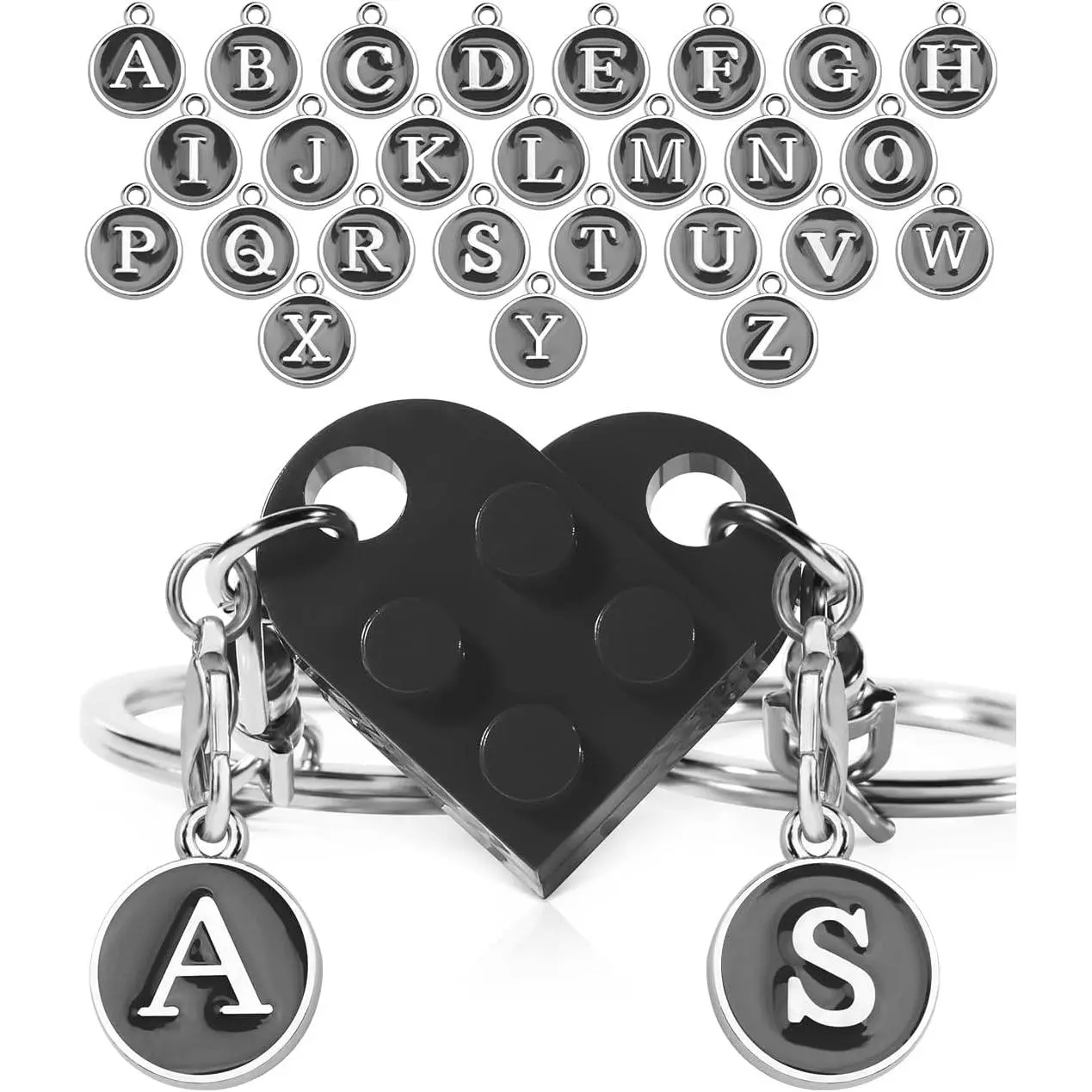 Lego-Compatible Modular Heart-Shaped Couple Keychain Set - Detachable Parts, Initial Letters, Personalized Names, Stainless Steel, Love Anniversary Gift for Boyfriend, Mobile Phone Selfie Accessory, Wallet Decoration, Christmas