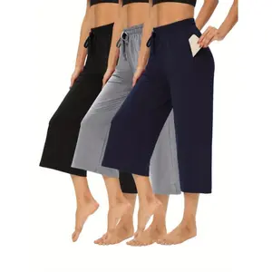 3pcs Drawstring Wide Leg Capri Pants, Women's Loose Fit Athletic Yoga Pants With Pockets, Casual Comfort Sports Cropped Trousers For Outdoor Fitness Training