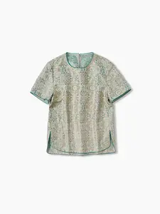 Women's Silk Chinese Heritage Blouse - Song Brocade Pattern Short Sleeve Top with Back Button Closure & Asymmetrical Hem (Non-Woven Luxury Fabric)