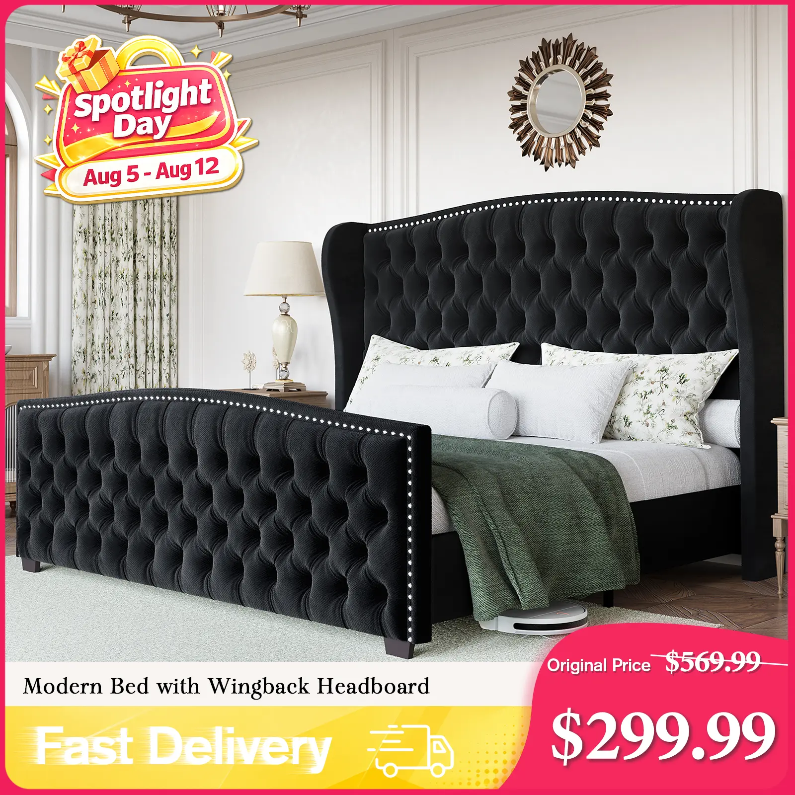 AMERLIFE Modern Bed Frame with Wingback Headboard, Upholstered Bed Frame with Handmade Button Tufted & Nailhead, Wooden Slats Support/Luxury Bedroom Furniture/Queen/King/California King Size/Christmas Gifts[tiktokshopbacktoschool][SohoChic]