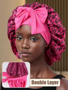 Stylish Leopard Print Bow Long Strap Women's Elastic Adjustable Sleep Cap, Soft Silky Smooth Sleep Headscarf for Beauty and Makeup, Comfortable Wide Bath Cap for Couples, Leopard Pattern