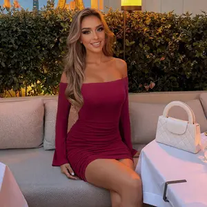 FAIRY SEASON Women's Christmas Hot Off Shoulder Elegant Mini Dress Long Sleeve Bodycon Ruched Cocktail Party Club Dress for Nightclubs & Beach Vacations Black Friday And Cyber Monday