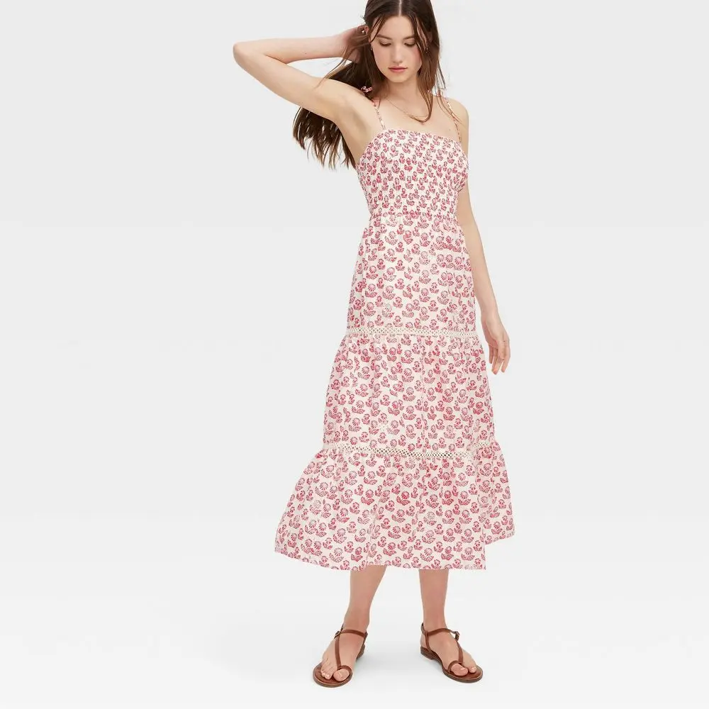 Women's Comfy Floral Print Eyelet Pullover Garment, Tie-Shoulder Tiered A-Line Maxi Dress - Roller Rabbit