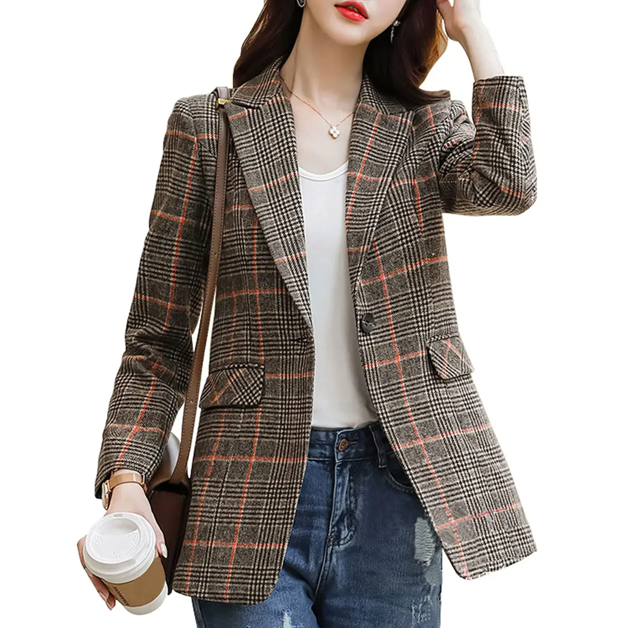 Chouyatou Women's Chic Long-Sleeve Notch Lapel 2-Button Boyfriend Blazer - Houndstooth Plaid, Pocket-Equipped, Trendy Vibe Suit Jacket Coat, Festival, Fit, Plaid Pattern Suit Separates, Full Lined, Criss Cross, Multi-Sized Suit Separates