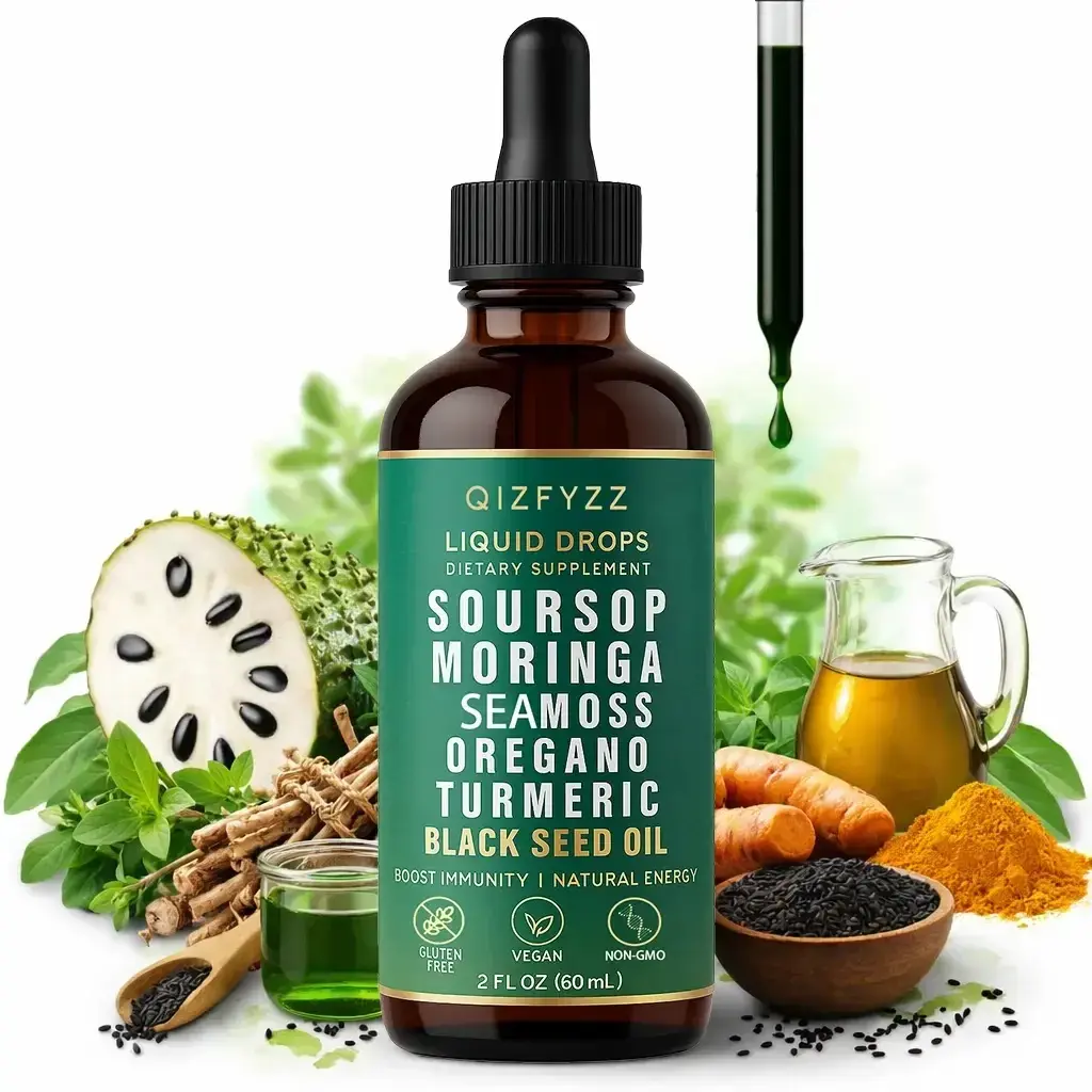 qizfyzz Soursop Bitters Liquid Drops 10-in-1 with Nori, Moringa, Turmeric, Black Seed Oil, Oregano, Ashwagandha | Herbal Extracts for Overall Health | Vegan, Non-GMO | 2 fl oz