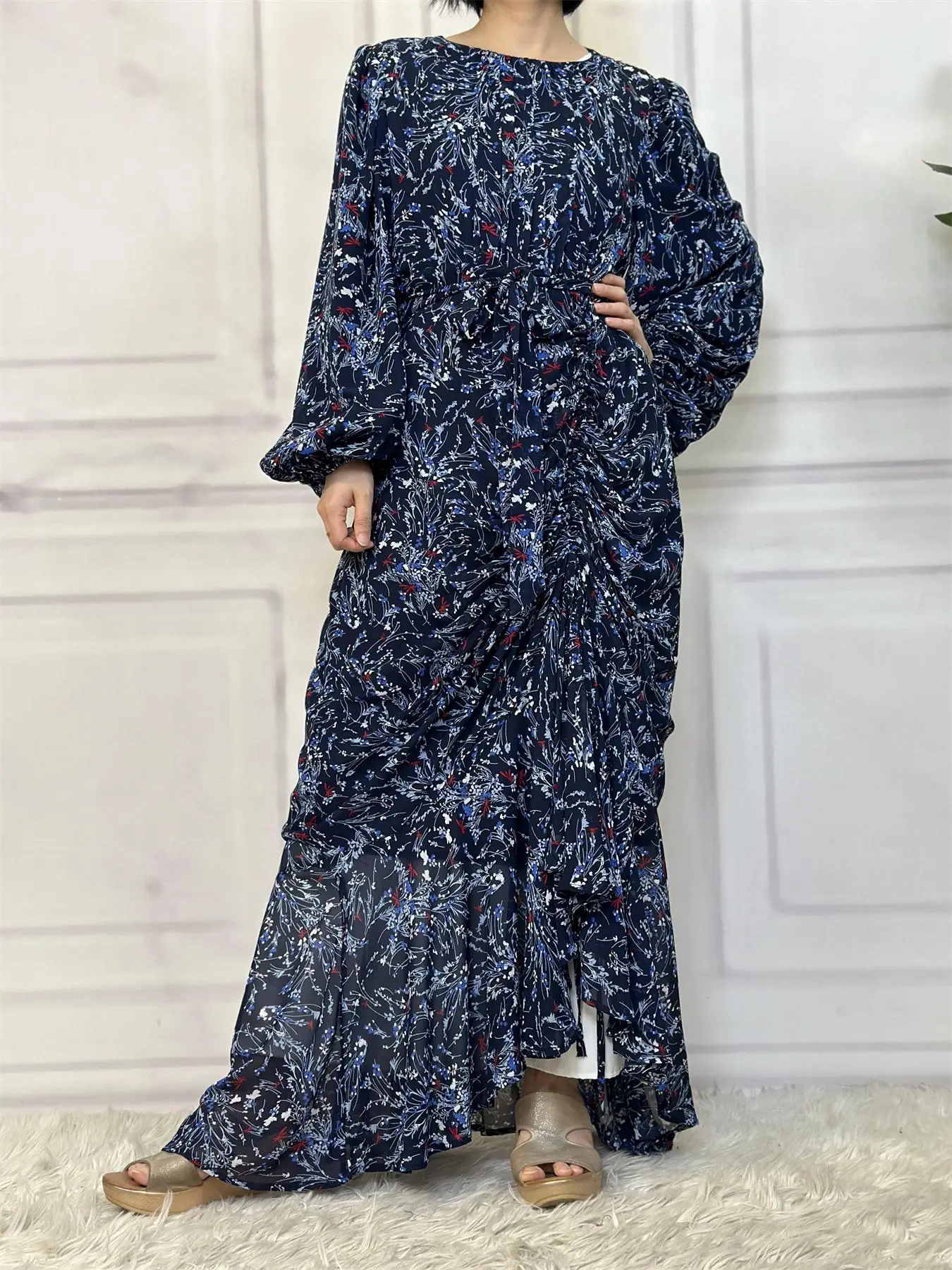 Women's Ditsy Floral Print Ruched Adjustable Belted Dress, Casual Long Sleeve Round Neck Maxi Dress for Daily Wear, Ladies Clothes for All Seasons